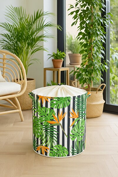 PH Prendi Home Tropikal Yaprak Desenli Fileli Çamaşır Havlu Kirli Sepeti 37 x 40