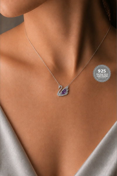 CAN SİLVER Ametist Zirkon Taşlı Kuğu Kolye | 925 Ayar Gümüş Gerçek Kolye- Kuğu Gümüş Kadın Kolye- Kuğu Kolye Gümüş