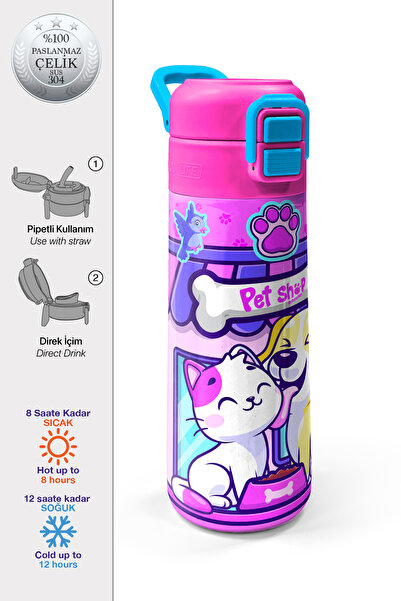 Coral High Kids Kedi Köpek Desenli Pipetli ve Direkt İçim Çelik Termos 500 ml...
