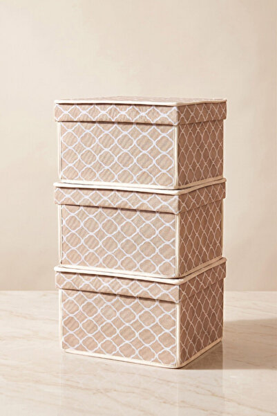 3-Piece Set Mini Multipurpose Storage Box Cream Chain Patterned Toy and Clothing Organizer Hook 30x40x25 cm