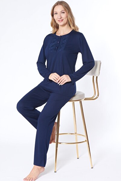 FLZ Lace Detailed Viscose Women's Pajama Set Long Sleeve Comfortable Home Wea...