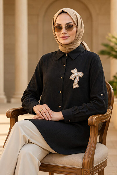 N.S NEVA STYLE Brooch Detailed Black Hijab Tunic 11192S