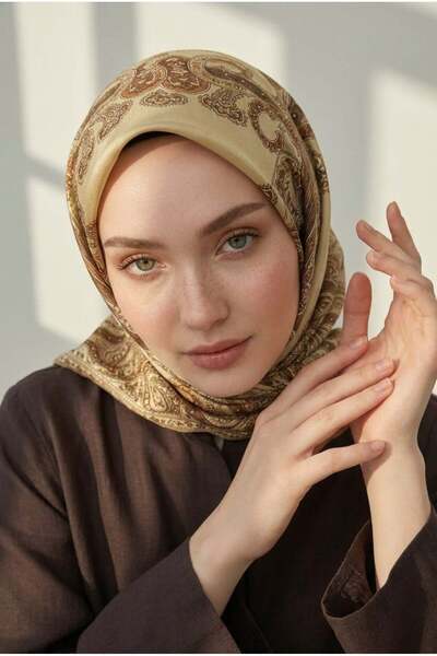 Vissona %100 Twill İpek Şal Desenli Bej - Kahverengi Renkli 90x90 Eşarp Dikim...