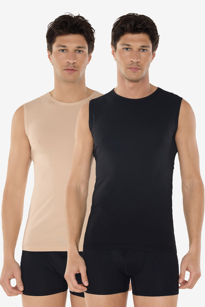 Malabadi Men's Black Skin Color 2-Pack Neck Collar Non-Marking Modal Sleevele...