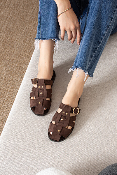 en7 Bitter Brown Women's H Model Gold Buckle Slippers Suede Daily Flat Sole S...