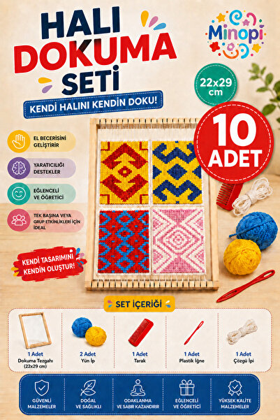 Minopi ( 10 Adet ) Ahşap Halı Dokuma Tezgahı Hobi Okul Elişi Çocuk Halı Dokum...