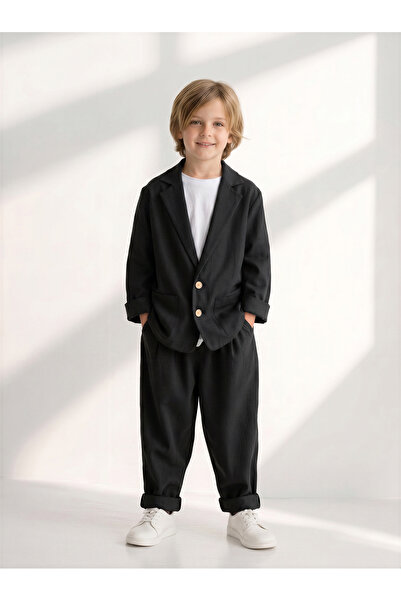 Catz Kids Siyah Keten Rahat Ceket + Siyah Keten Carrot Pantolon