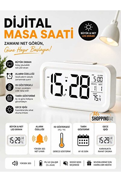 mr shopping MR Dekoratif Dijital Alarmlı Saat ,12/24 Dönüştürme Gece Görüşlü ...