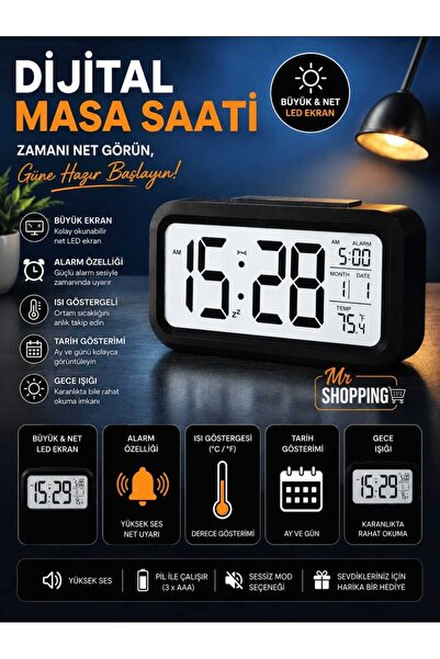 mr shopping MR Dekoratif Dijital Alarmlı Saat ,12/24 Dönüştürme Gece Görüşlü ...