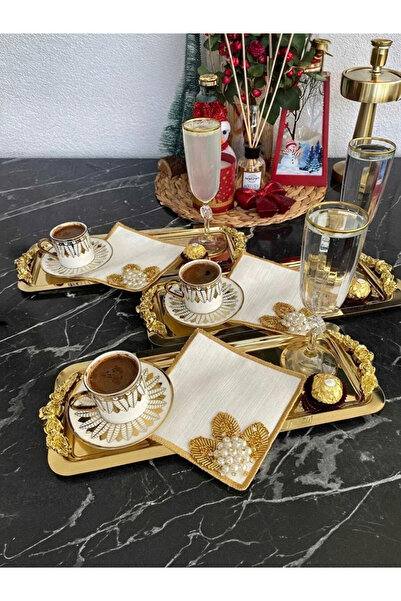 Elzemm store PARLAK GOLD 6 ADET DİKDÖRTGEN KULPLU MODEL SERVİS VE SUNUM TEPSİSİ