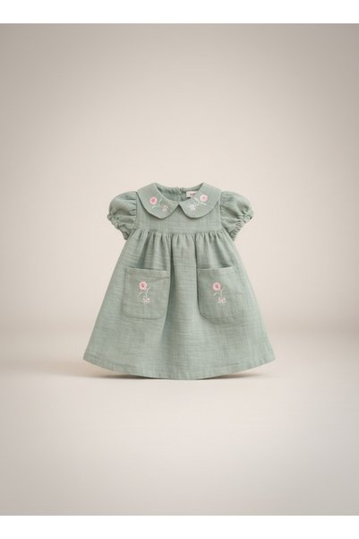 Nio Lua Baby Bebe Collar Pocket Embroidered Muslin Dress Summer Wear