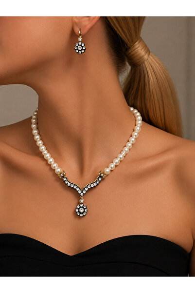 FUYA JEWELLERY Çiçek Motif Taşlı İnci Kolye, Küpe Set