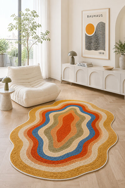 PINKIE HOME Dijital Kaymaz Yıkanabilir Renkli Asimetrik Modern Salon Halısı M...