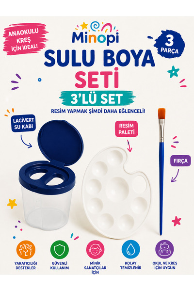 Minopi Sulu Boya Seti 3'lü Set ( Lacivert Su Kabı + Resim Paleti + Fırça ) An...