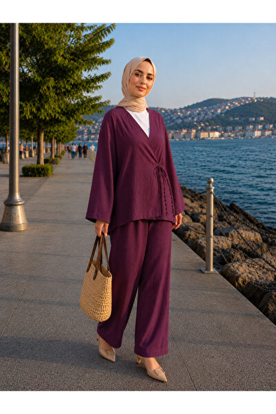 Mürdüm Kimono Yandan Bağlama Detaylı Tesettür Takım