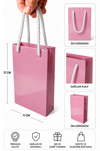 ecenplast Pembe İpli Karton Çanta 11x17 Cm - 25 Adet