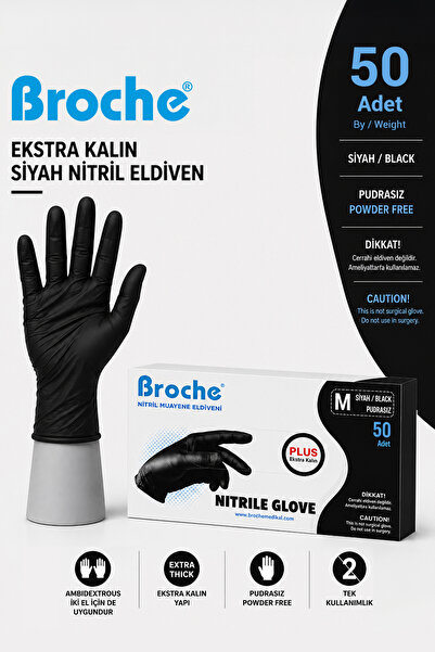 Broche Ultra Extra Kalın Siyah Nitril Muayene Eldiveni Pudrasız 50'li Paket -...