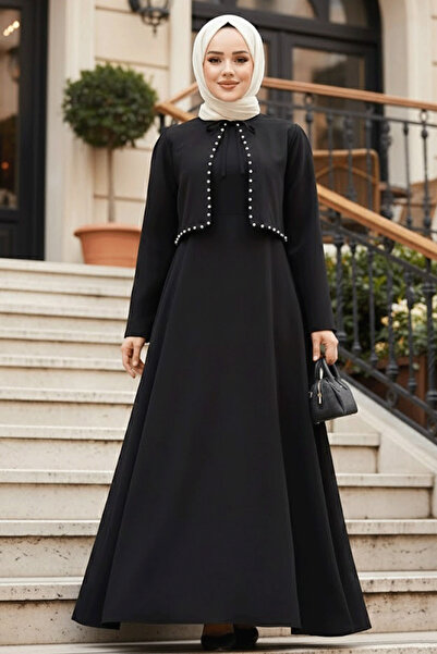 Neva Style Jacket Detailed Black Hijab Dress Double Set 61462S