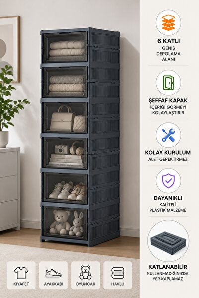 Myplas 6 Katlı Portatif Kapaklı Saklama Dolabı Katlanır Plastik Ayakkabılık O...