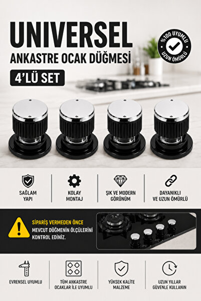 ÖZ BEYAZ EŞYA LANOVA Uyumlu Ankastre Ocak Düğmesi 4'lü Takım Siyah Yaylı