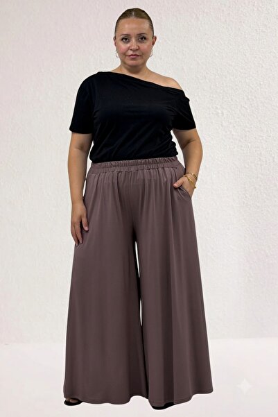 eslamood 49003 Plus Size Combed Cotton Skirt Trousers with Elastic Waist - Mink