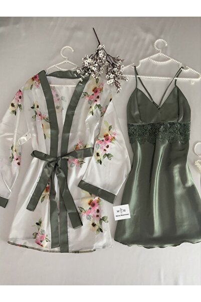 MH Moony Homewears Saten Yeşil Elmas Gecelik Sabahlık Seti