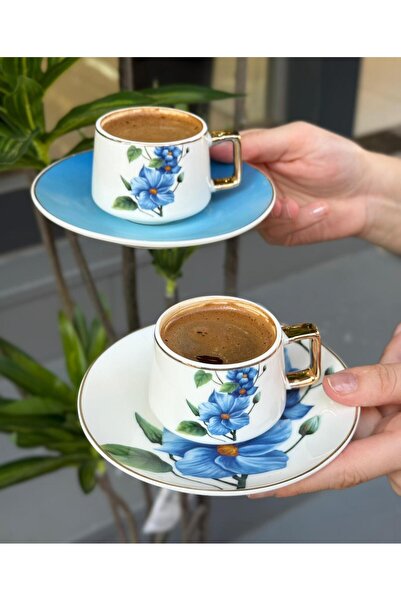 Onedekor 6'lı Porselen Kahve Fincanı Blue Flower