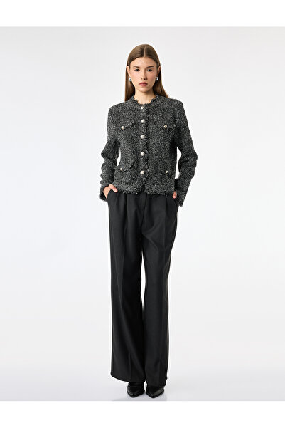 Koton Buttoned Pocketed Long Sleeve Crew Neck Tweed Jacket