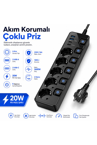 Yellowtech 5'li Akım Korumalı Priz 20W PD Hızlı Şarj 2 USB 2 Type-C Ayrı Anah...