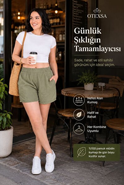 OTEXSA Kadın Müslin Şort %100 Pamuklu Cepli Lastikli Bel Hafif Nefes Alan Gün...