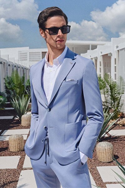 İmza Blue Mono Collar 6 Drop Slim Fit Elastic Waist Suit 1001260165