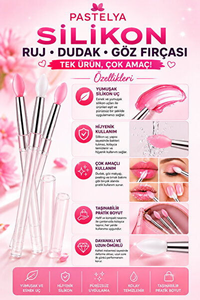 Pastelya 3'Lü Silikon Dudak Fırçası, Yumuşak Yeniden Kullanılabilir Ruj Parla...