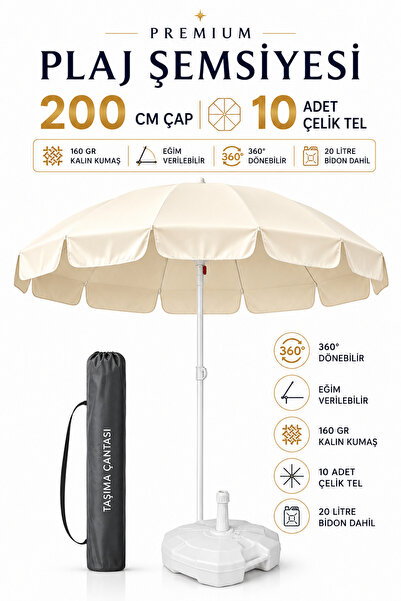 Tiltable 2 Meter Diameter Beach Umbrella + 20 Liter Canister + Carrying Case Gift - Cream