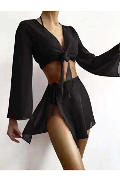 charango Women's Spanish Sleeve Belly Tied Tulle Blouse and Waist Tied Pareo Tulle Beach Set