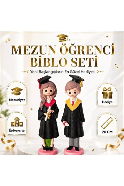 e-life shop Lüks Polyester Mezun Öğrenci Biblo 2'li Set 20 Cm Dekoratif Reçin...