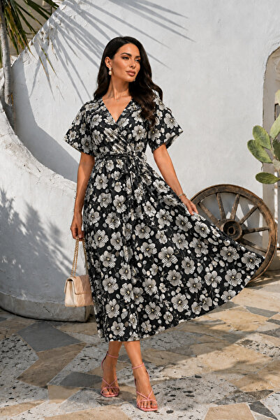 msm fashion Women's Dress Long Patterned Short Sleeve Belted Double Breasted ...