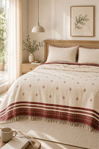 VERONİCA LİNE Muslin Filled Bohemian Bedspread 240X260 Double Size with Tasse...