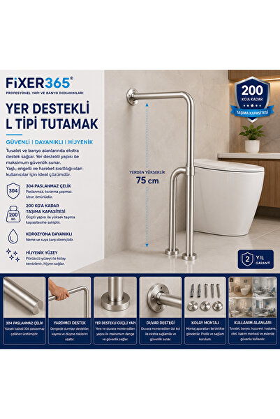 Fixer365 Yaşlı Hasta Engelli Paslanmaz Döner Ayaklı Tutunma Barı