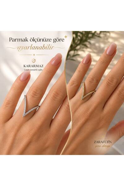 JEWELERY Şık Zarif V Model Zirkon Taşlı Gold Kadın Yüzük Modern Trend Takı Ta...