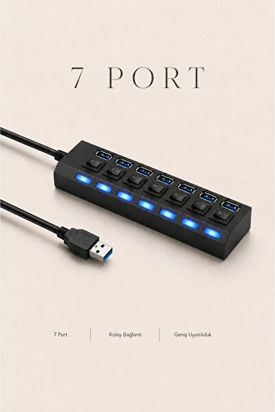 MVLH Yeni Nesil 7 Port USB Hub Anahtarlı USB Çoklayıcı Işıklı Aç Kapa Düğmeli...