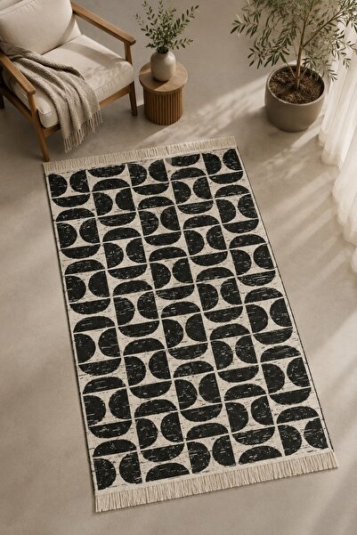 Lorvian Noletti Siyah Modern Geometrik Desenli Kilim – Makinede Yıkanabilir