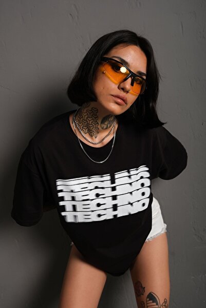 technomonkey Unisex Siyah Oversize Techno Baskılı Tişört