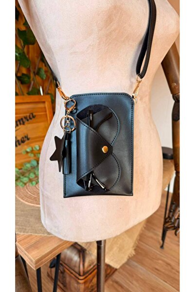 Glasses Case,card compartment,phone bag. Tassel Star Charm Keychain Gift ( Black )