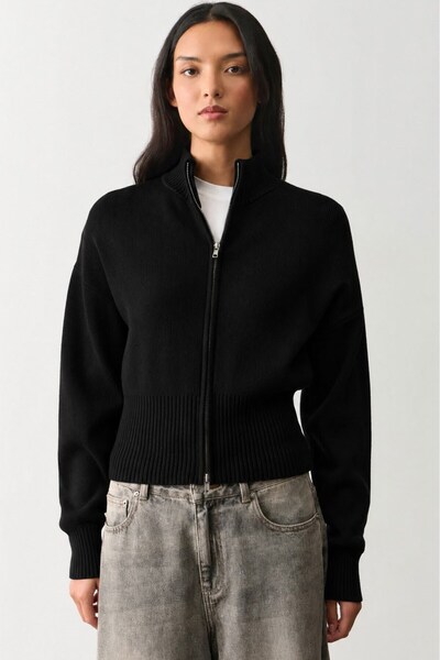 Madmext Black Double Zipper Mock Neck Women's Knitwear Cardigan Mg2505
