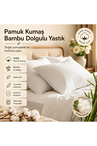 EVTEKSHOME %100 Pamuk Akfil Kumaş Lüks Bambu Yastık 950 gr Sık Dokuma Beyaz Y...