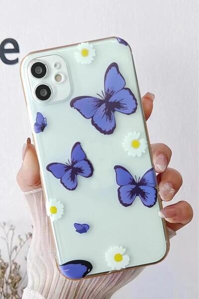 3GEN CASE iPhone 11 Uyumlu Mavi Kelebekler Papatyalar Desenli Şeffaf Silikon ...