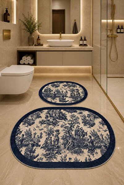 naya home Dekoratif Dijital Baskılı 2 Li Set Banyo Paspası Kaymaz Tabanlı Klo...