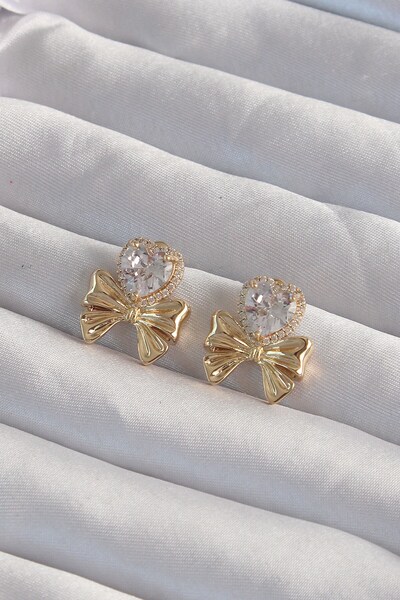Inure Jewelry Brass Gold Color Zircon Stone Heart Model Bow Earrings