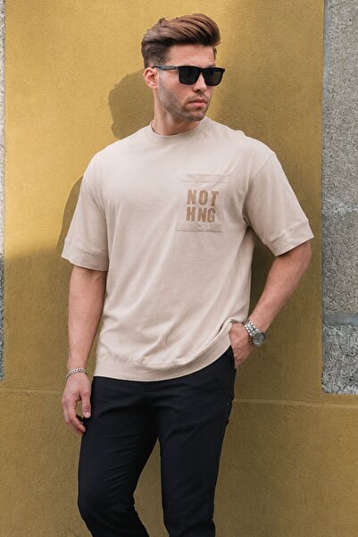 Madmext Μπεζ Μπλουζάκι Oversize με Λεπτομέρεια Τσέπης 7008