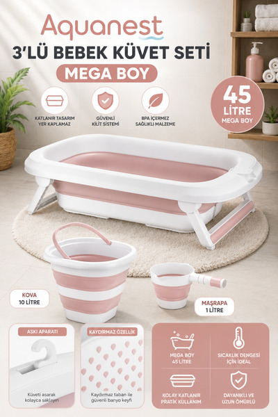 Zuu Baby Aqua Nest Bebek Küveti Lüks 3 Lü Set Katlanır 45 Litre Pembe